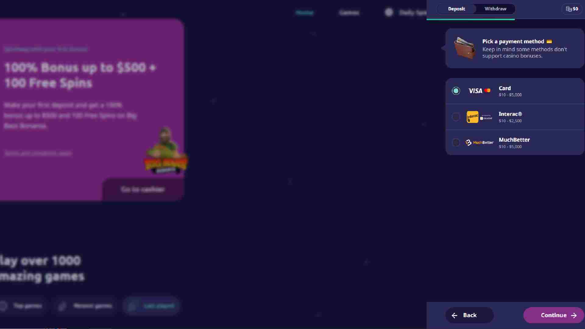 Spinaway Casino cashier screen displaying card, Interac, and MuchBetter deposit options with interface elements.