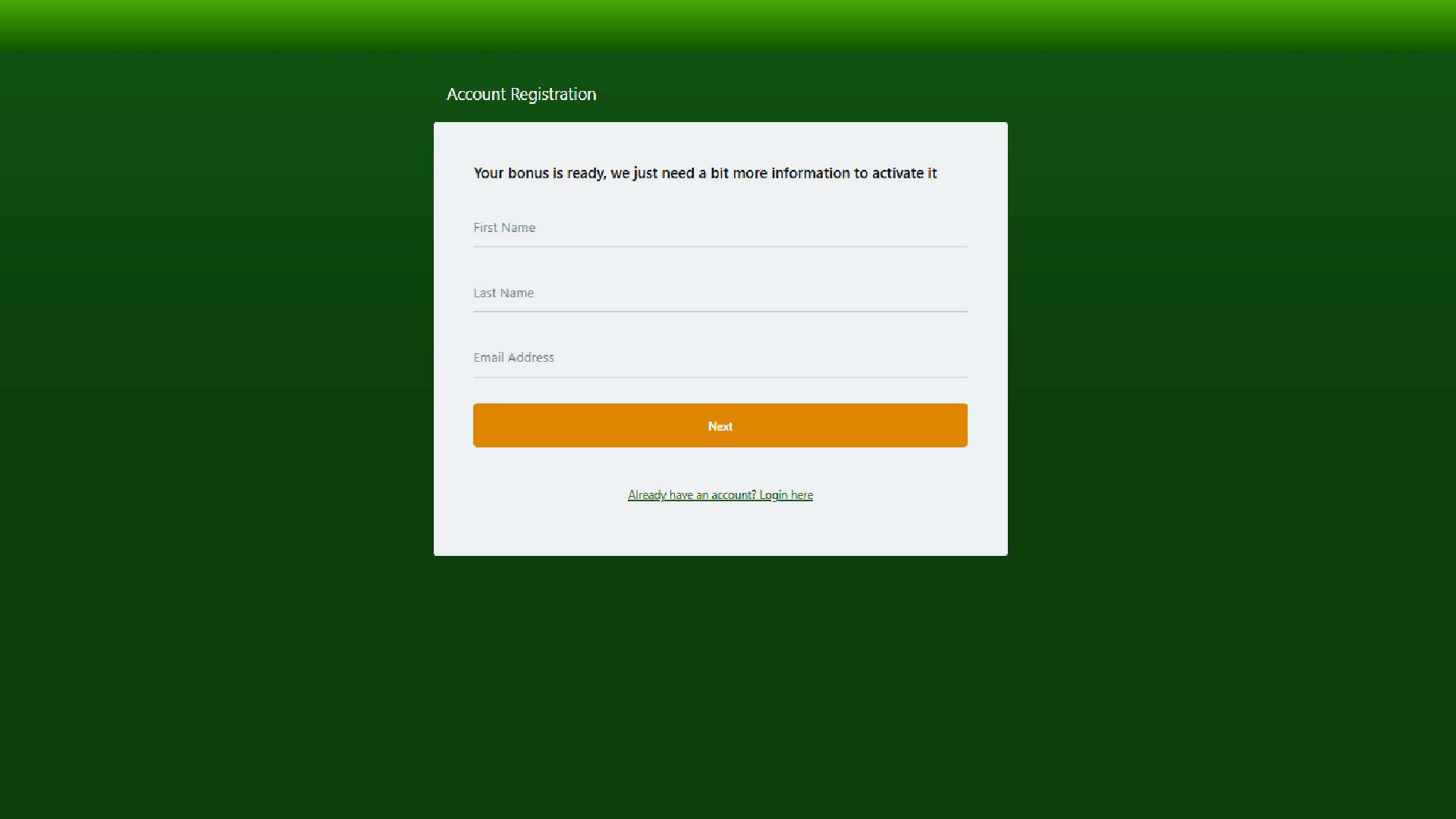 Casino Classic registration form asking for name and email to activate bonus.