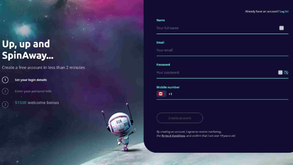 Spinaway Casino sign-up screen showing input fields for name, email, password, and mobile number.