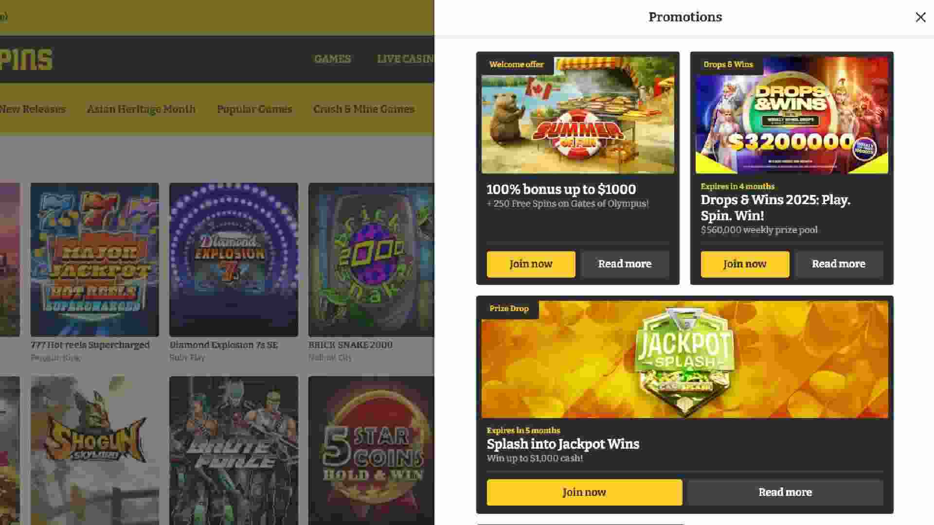 Lucky Spins Casino promotions list includes welcome bonus, free spins, Jackpot Splash, Drops & Wins.