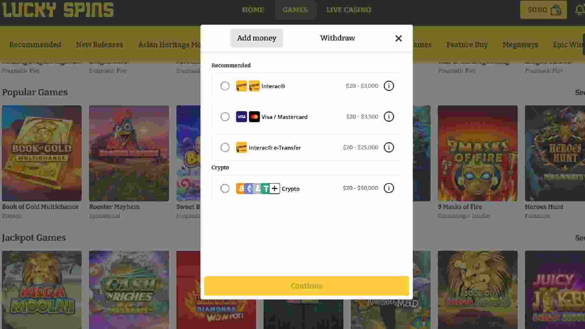Lucky Spins Casino cashier screen showing Interac, Visa, crypto deposits, minimum and maximum limits.