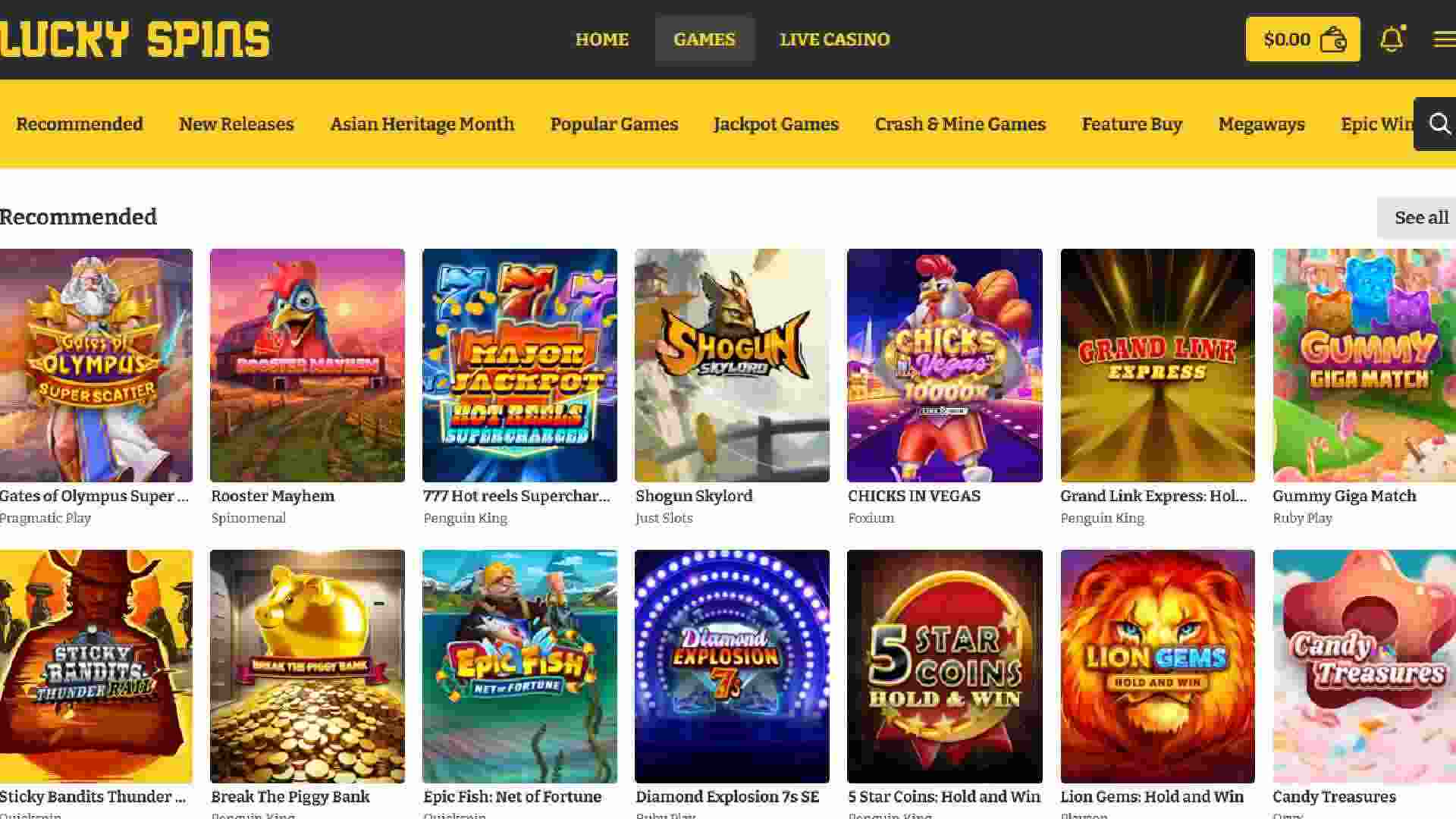 Lucky Spins Casino slot lobby featuring providers, jackpot filters, trending games, and layout categories.