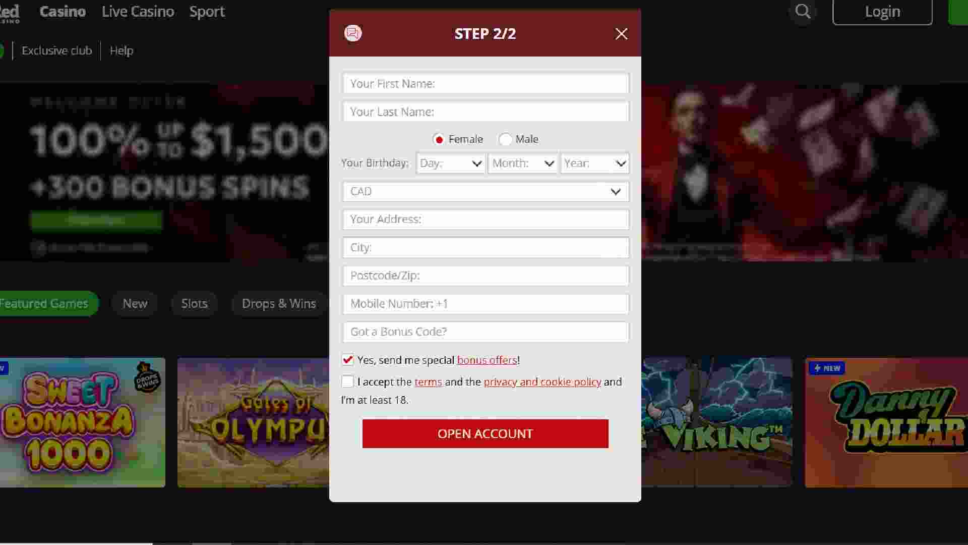 Magic Red step 2 registration form with personal details and bonus code option.