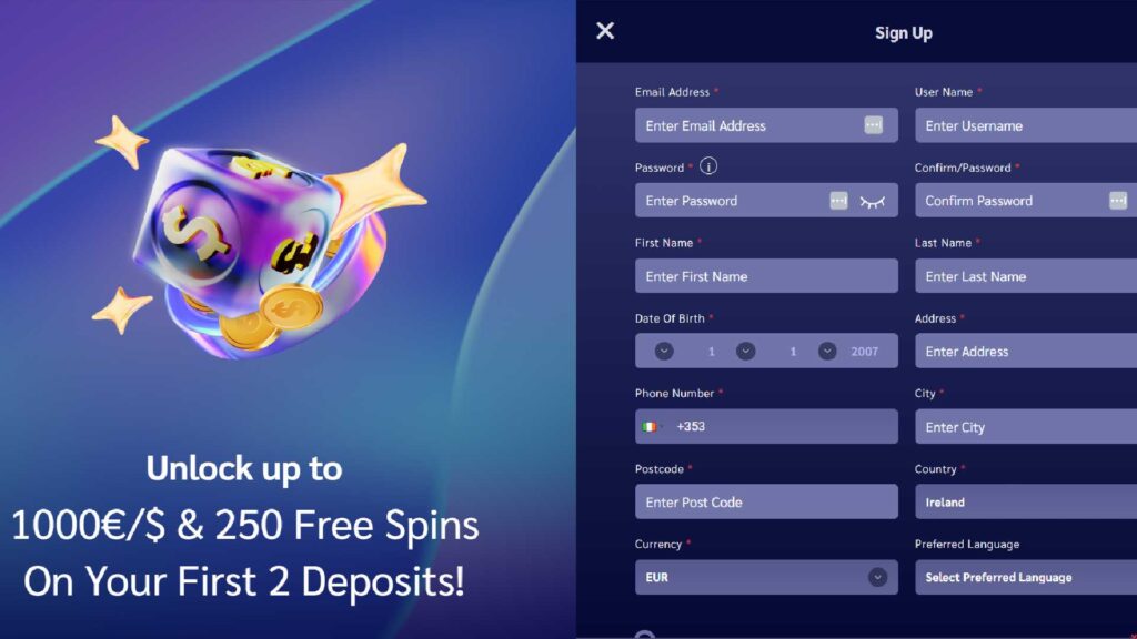 Step 1: Enter you details for the casino Shinywilds account